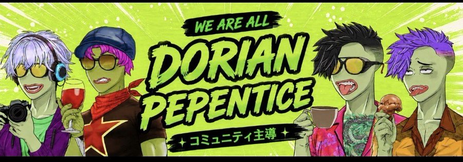 Vibrant anime-style banner featuring four stylized characters with green skin and colorful hair around the bold text "WE ARE ALL DORIAN PEPENTICE" with "コミュニティ主導" (community-led) below, promoting a free mint NFT giveaway on Robinhood Chain by artist DrPep_art.