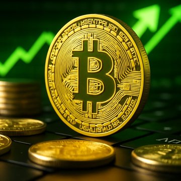 In the center of the image, there's a gold-colored Bitcoin coin placed on a black surface, such as a keyboard or computer desk. The Bitcoin logo is visible on this coin, which represents cryptocurrency. Behind the Bitcoin, some stacks of yellow coins are present in the scene. Also, a green arrow pointing upwards can be seen in the background, likely indicating an upward trend or growth. The image appears to provide information about the Bitcoin market and its performance over time.