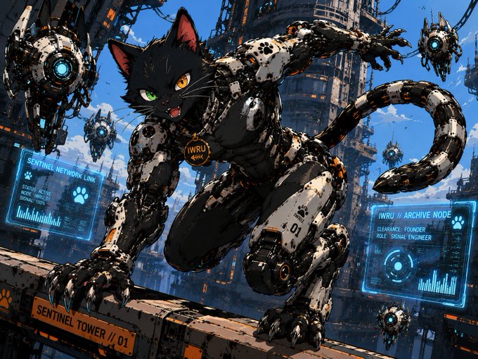 A sci-fi digital artwork of a cybernetic cat leaping across a structure labeled "SENTINEL TOWER // 01," wearing a tag that reads "IWRU //" with holographic interface panels around it.