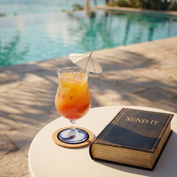 A tropical cocktail with a paper umbrella sits poolside next to a leather-bound book embossed with "SEND IT," capturing the leisurely, sun-soaked vibe of the Sui Summer reading list suggestion.