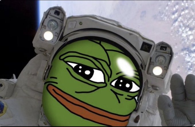 "The next Pepe move will catch everyone off guard," which is a reference to the character Pepes from the animated series Peppa Pig. The image features an anthropomorphized green frog with orange eyes, giving it a face that resembles the beloved cartoon character. This unique depiction of a frog in space adds a whimsical and humorous touch to the post.