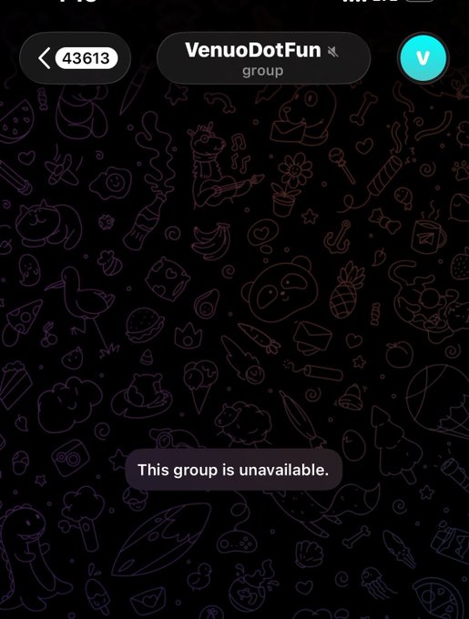 A smartphone screenshot of a group chat called 'VenuoDotFun' showing a message 'This group is unavailable' over a dark patterned background.