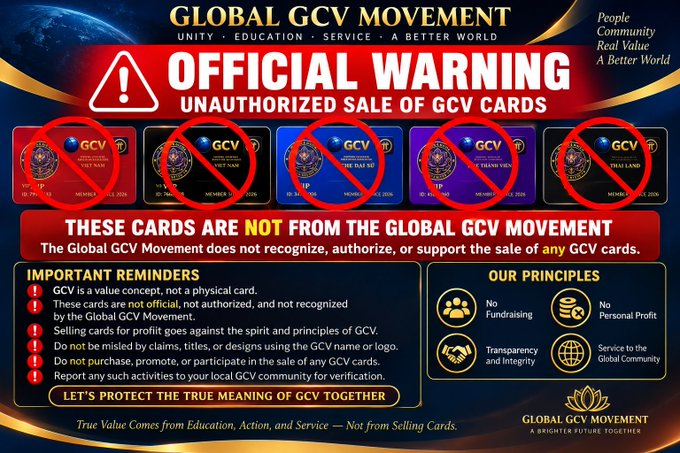 An 'OFFICIAL WARNING' poster for the 'GLOBAL GCV MOVEMENT' regarding the 'UNAUTHORIZED SALE OF GCV CARDS,' showing several card designs crossed out and stating 'THESE CARDS ARE NOT from the GLOBAL GCV MOVEMENT.'