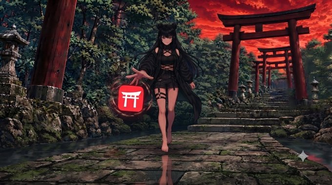 Anime-style illustration of a girl with long black hair and a dark cape standing on a stone path with red torii gates behind her, with a red icon overlaid near her hand.