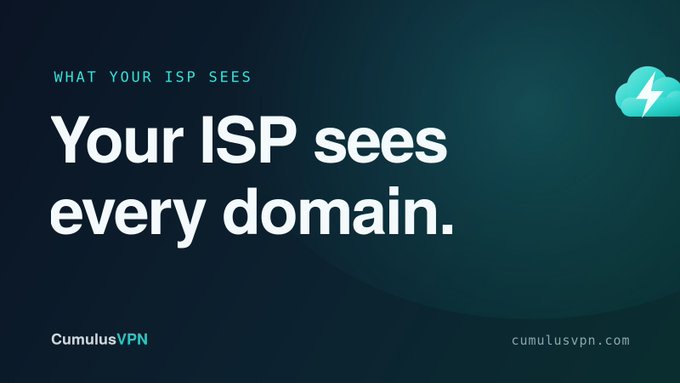 A CumulusVPN advertisement with dark teal background and white text reading 'WHAT YOUR ISP SEES' and 'Your ISP sees every domain,' with the website cumulusvpn.com.
