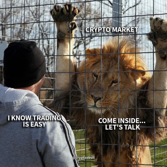 A meme featuring a lion behind a cage facing a person, with the text 'CRYPTO MARKET' on the lion, 'I KNOW TRADING IS EASY' on the person, and 'COME INSIDE... LET'S TALK' from the lion, watermarked with '@cryptobull'.