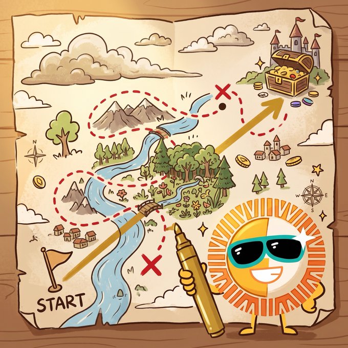 A cartoon treasure map illustration features a smiling sun character wearing sunglasses and holding a pen, with a path leading from 'START' to a treasure chest, mountains, and trees.