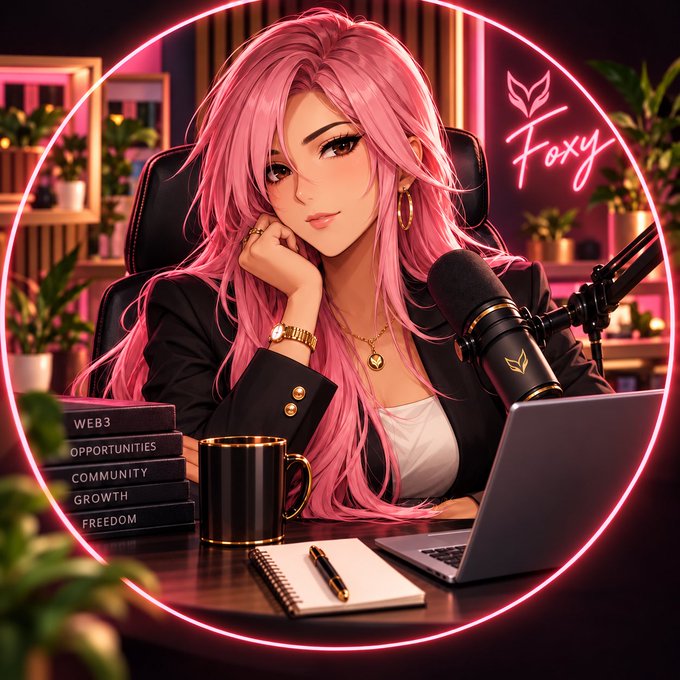 An anime-style illustration of a pink-haired woman named 'Foxy' at a desk with a microphone and laptop, beside a stack of books labeled 'Web3', 'Opportunities', 'Community', 'Growth', and 'Freedom'.