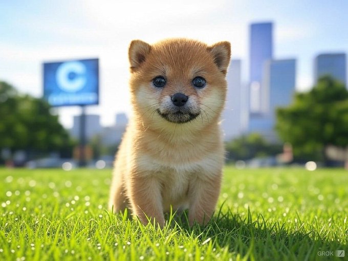 A fluffy tan puppy sits on green grass with a city skyline behind it, alongside a billboard displaying the "C" logo associated with the Coinbase exchange, fitting the #BabyDoge call-to-action encouraging engagement and crypto activity.