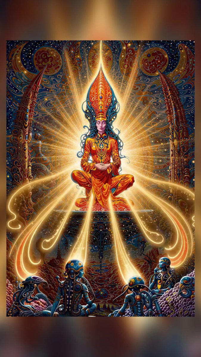The image features a painting with an orange figure sitting cross-legged on a pedestal surrounded by other figures, including a woman wearing an orange dress. The background of the painting has a starry sky, adding depth and dimension to the scene. The artist's signature is visible in the bottom right corner of the painting.