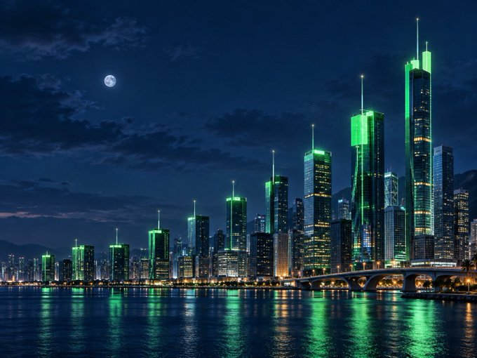 A modern city skyline illuminated with vibrant green lights reflects across calm waters under a full moon. The image has no visible text, numbers, or tickers, so it appears to be a decorative visual accompanying a "current streak:" update rather than conveying specific data.