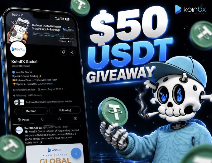 The image promotes a "$50 USDT GIVEAWAY" from KoinBX Global to celebrate their launch on X (formerly Twitter), featuring a smartphone displaying their new profile page alongside a skull mascot holding a USDT coin. The graphic visually reinforces the giveaway campaign mentioned in the post, which rewards 10 random winners following, liking, retweeting, and commenting to win $10, $7, and $5 USDT prizes.