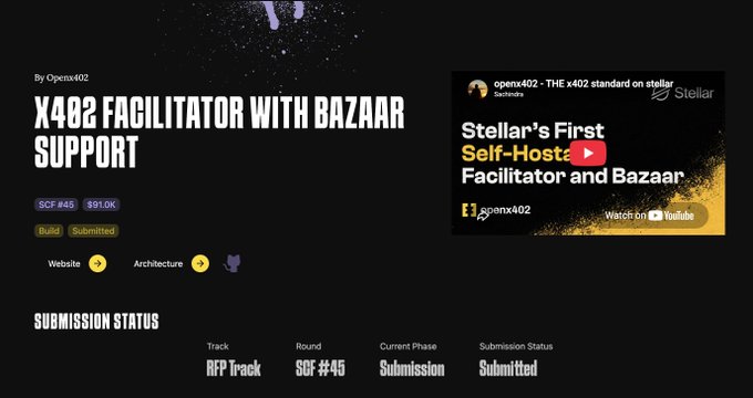 A project submission page for "X402 FACILITATOR WITH BAZAAR SUPPORT" by Openx402, marked as SCF #45 with $91.0K funding, showing an embedded YouTube video titled "Stellar's First Self-Hosted Facilitator and Bazaar."