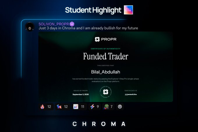 'Student Highlight' graphic for SOLIVON_PROPR featuring a PROPR 'Funded Trader' Certificate of Authenticity for Bilal_Abdullah, with 'CHROMA' branding at the bottom.