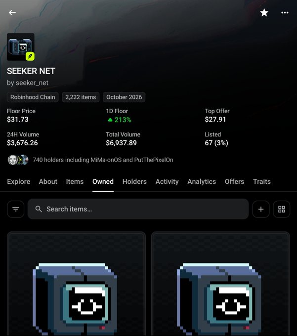 A screenshot of an NFT collection page for "SEEKER NET" on Robinhood Chain, with a floor price of $31.73, 2,222 items, and pixel-art robot character images displayed below.