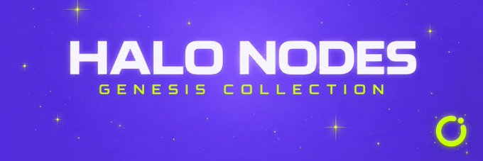 A promotional graphic with a purple background reading 'HALO NODES' and 'GENESIS COLLECTION' with a green logo in the bottom right corner.