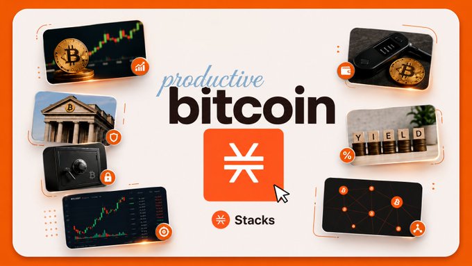 A promotional graphic for 'productive bitcoin' on Stacks, featuring Bitcoin imagery, financial charts, security locks, and Stacks logos.