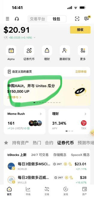 A screenshot of the Binance app showing a $20.91 wallet balance, with a circled banner reading "申购XAUt，并与 Unitas 瓜分 $150,000 UP" promoting the Unitas Booster Season 2 event, which rewards users who deposit at least 0.025 XAUt into the Unitas XAUt pool by Wallet DeFi with a share of $150,000 in UP token rewards.