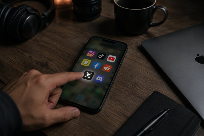 A hand reaches toward a smartphone displaying social media app icons including Instagram, TikTok, YouTube, Snapchat, Facebook, Reddit, X, and Discord, resting on a wooden desk alongside headphones, a laptop, and a notebook.