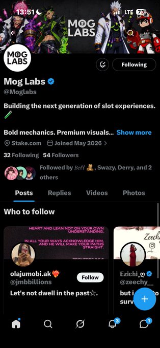 A Twitter/X profile page for Mog Labs (@MogLabs), describing them as 'Building the next generation of slot experiences' with a link to Stake.com, joined May 2026.