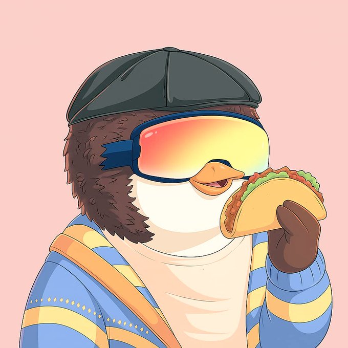 An anthropomorphic penguin wearing a black newsboy cap, oversized reflective ski goggles, and a blue-and-yellow striped hoodie enthusiastically bites into a loaded taco against a soft pink background. The image's playful "cool penguin" vibe reinforces the post's message about staying consistent and showing up—even when the timeline gets quiet—on Taco Tuesday with NomismaNetwork.