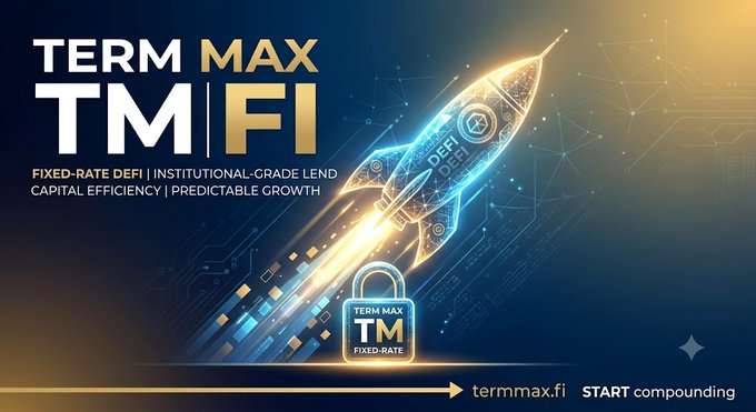 An advertisement for 'TERM MAX' (TM|FI) promoting fixed-rate DeFi, institutional-grade lending, and capital efficiency, with branding for termmax.fi.