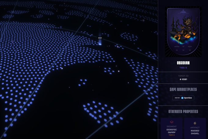 A dark digital dashboard displaying a blue dot-matrix map with a marker over "SD031," alongside a panel featuring an "OBSIDIAN" NFT card (Tier 5, Token ID #AS01) listed on Sapphire Marketplaces and Otherdeed Properties.