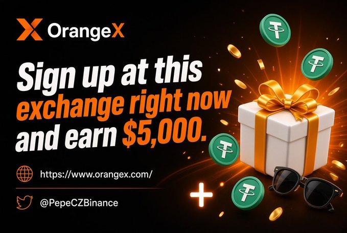 An advertisement for 'OrangeX' exchange featuring the text 'Sign up at this exchange right now and earn $5,000', along with URLs https://www.orangex.com/ and the Twitter handle @PepeCZBinance, accompanied by images of gift boxes and cryptocurrency coins.