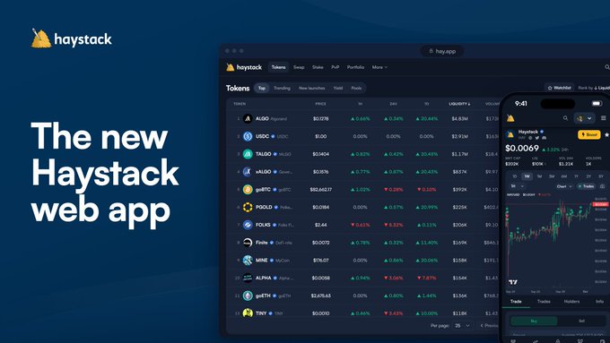 A promotional graphic for 'The new Haystack web app' displaying a cryptocurrency trading dashboard with token listings and a mobile app interface showing a trading chart.