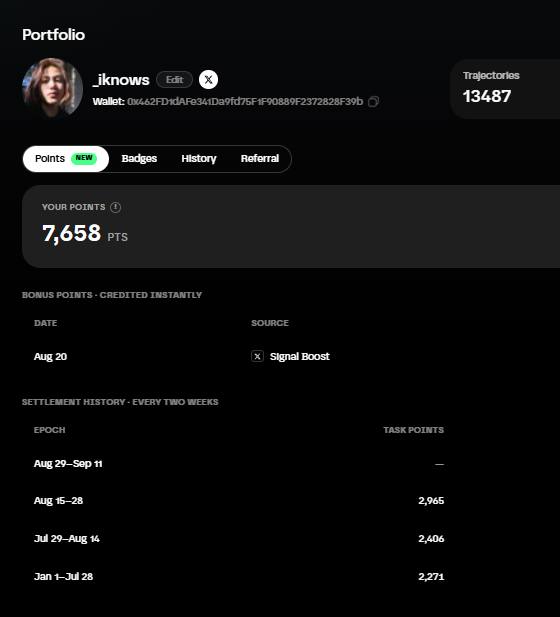 Portfolio screen of user '.iknows' showing 7,658 points, a wallet address, 13,487 trajectories, and settlement history entries for various epochs.