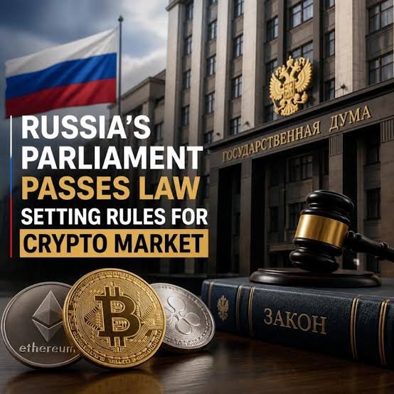 A promotional graphic featuring the Russian flag, the State Duma building, a gavel resting on a law book, and cryptocurrency coins (Bitcoin, Ethereum, and Ripple), with bold text reading "RUSSIA'S PARLIAMENT PASSES LAW SETTING RULES FOR CRYPTO MARKET." The image visually reinforces the post's headline about Russia's new crypto regulations, while hinting at the question of when India might follow suit.