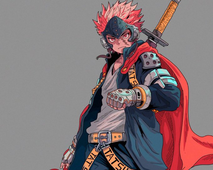 An anime-style illustration of a character with spiky red hair, a metal headpiece, and a red cape, carrying a sword on their back.