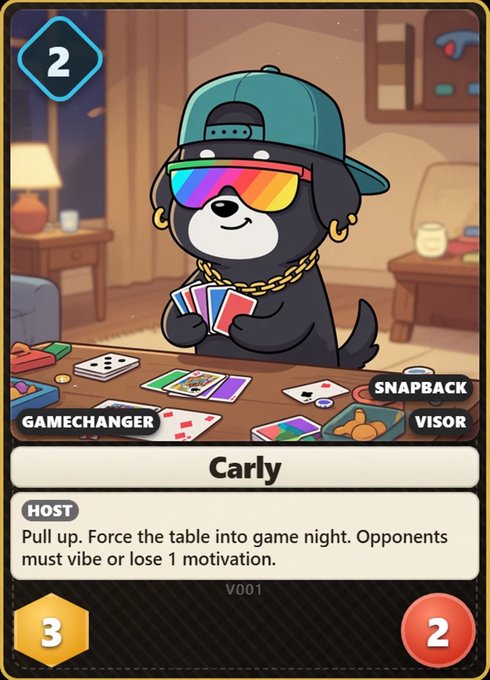 A digital trading card featuring a cartoon dog named "Carly" wearing a teal snapback and rainbow visor, holding playing cards; the card is labeled "GAMECHANGER" with stats 2, 3, and 2, and describes her as a HOST who forces the table into game night.