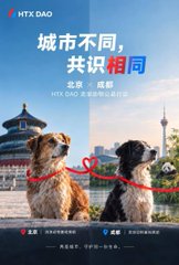 An HTX DAO promotional poster featuring two dogs with a red heart between them, with Chinese text reading '城市不同, 共识相同' (Different cities, same consensus) and locations Beijing and Chengdu.