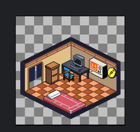 A pixel art isometric illustration of a small room containing a bed, desk with computer, wardrobe, and wall-mounted screen. The image has a transparent background shown by a checkered pattern.