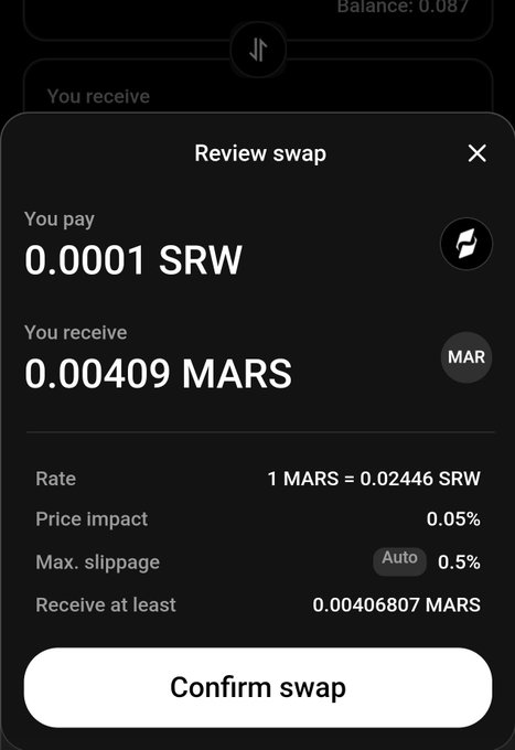 A cryptocurrency swap confirmation screen showing a trade of 0.0001 SRW for 0.00409 MARS at a rate of 1 MARS = 0.02446 SRW with 0.05% price impact.