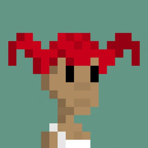 A pixel art character with bright red hair and blocky features against a teal background, in a minimalist 8-bit style.