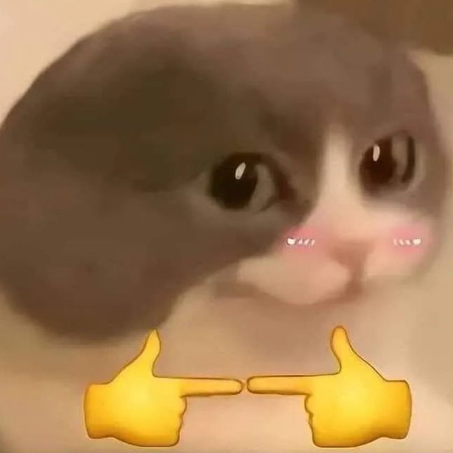 A blurry, close-up image of a sad-looking gray cat with large eyes, accompanied by two thumbs-up emojis pointing at each other at the bottom.