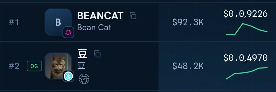 A cryptocurrency exchange listing showing two tokens: BEANCAT at rank #1 with a market cap of $92.3K and price of $0.0₄9226 (top), and "豆豆" (the Chinese name also meaning "Bean Cat") at rank #2 with an "OG" tag, $48.2K market cap, and price of $0.0₄4970. The image illustrates the post's claim that BEANCAT's original Chinese counterpart (豆豆) deserves "OG" (original) recognition in the bean cat meme token space.