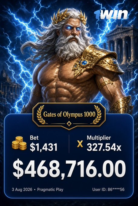 A promotional graphic for the 'Gates of Olympus 1000' slot game by Pragmatic Play showing a win of $468,716.00 from a $1,431 bet with a 327.54x multiplier, featuring Zeus and lightning.