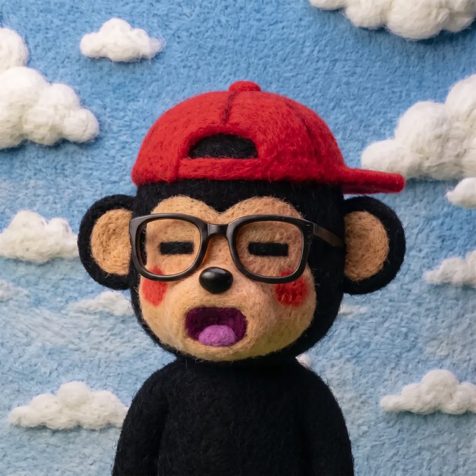 A close-up of a felted craft figure resembling a monkey wearing a red cap and black glasses, with its mouth open, set against a blue background with fluffy white clouds.