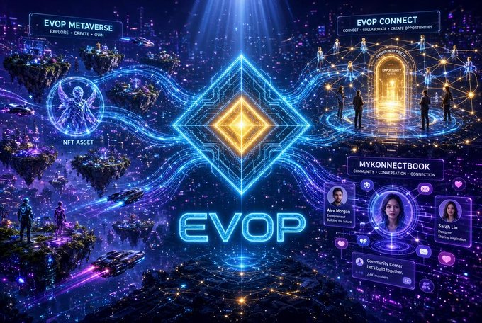 A glowing neon EVOP ecosystem diagram illustrates the central "EVOP" hub connecting various components—EVOP Metaverse (Explore, Create, Own), NFT Assets, EVOP Connect, and MyKonnectBook (a community/communication platform)—visually reinforcing the post's message that EVOP is a multi-product ecosystem rather than a single project.