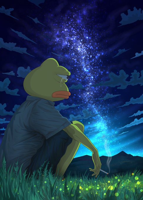 The image features a cartoon frog sitting in a field of tall grass, with a sky full of stars above him. The frog appears to be smoking a cigarette while looking up at the night sky. The caption reads "send it all higher." This suggests that the image is meant to convey a message or prompt viewers to take action, possibly related to the post's content.
