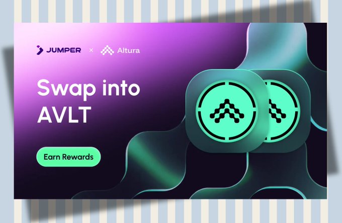 The image features a poster for a rewards program that encourages users to swap their assets across chains using the hashtag #AVLTV. The poster includes two green circles with white arrows pointing upwards, which are part of the hashtag symbol. The text on the poster states "Swap into AVLT" and provides details about how to participate in the rewards program.