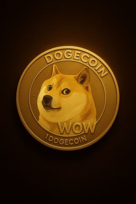 A gold-colored Dogecoin commemorative coin featuring the iconic Shiba Inu dog face, surrounded by the text 'DOGECOIN', 'WOW', and '1 DOGECOIN' against a dark background.