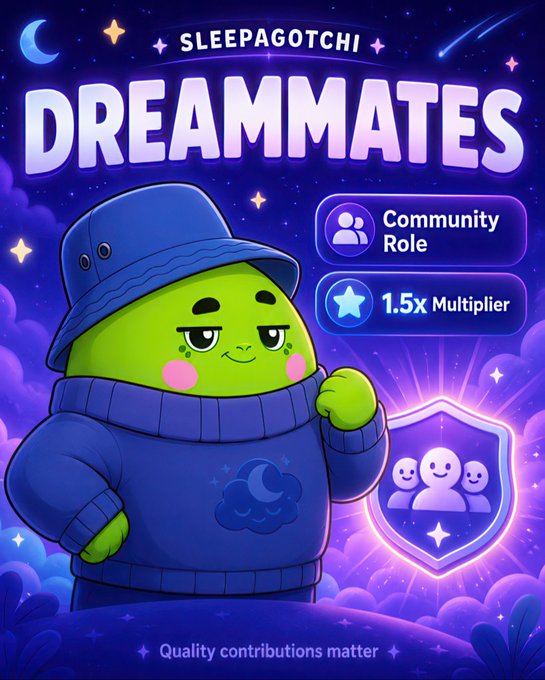 The image features a cartoon character, specifically a green monster or frog, wearing a blue hat and sweater with a shield design. The creature appears to be holding a shield that has a star on top of it. The background of the image shows stars against a dark purple sky, creating an atmosphere reminiscent of outer space. In the bottom right corner of the image, there is text that reads "@sleepagotchi continues to lead by turning better sleep into a rewarding adventure with Dino companions and engaging gameplay".