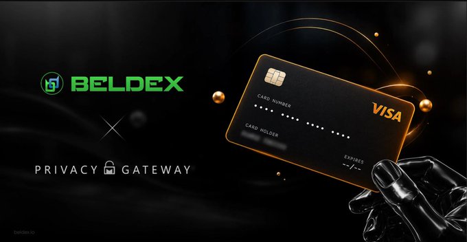 A dark promotional banner for Beldex Privacy Gateway shows a black Visa card held by a robotic hand, with “BELDEX,” “PRIVACY GATEWAY,” and “beldex.io” visible.