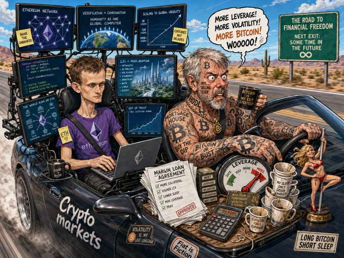 The image features a man driving a car with a laptop, surrounded by various computer screens displaying information about cryptocurrency markets. There are two people inside the car, one of whom appears to be wearing a tattooed shirt. The scene suggests that they might be discussing or analyzing the fundamentals gap between Ethereum and Bitcoin.