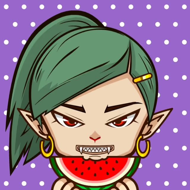 A chibi-style vampire character with green hair, pointed ears, gold hoop earrings, and fangs devours a slice of watermelon against a purple polka-dot background, humorously embodying the "not angry, just needs watermelon" caption accompanying the GFT NFT listing on OpenSea.