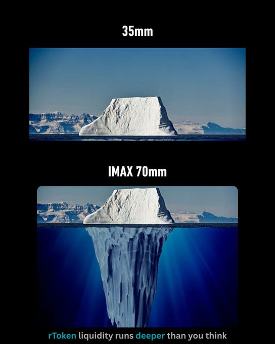 Comparison meme contrasting 35mm and IMAX 70mm views of an iceberg, humorously stating 'rToken liquidity runs deeper than you think' with the underwater portion visible only in the IMAX version.